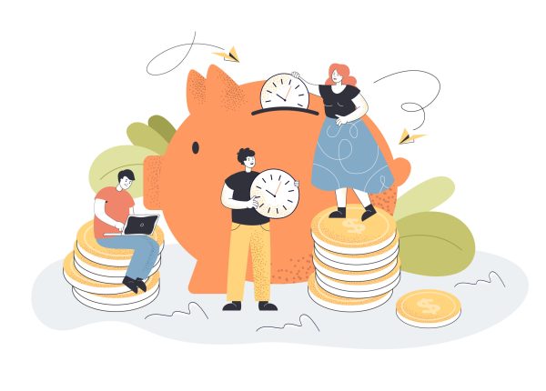 Tiny people putting clocks in piggybank. Cartoon characters collecting money flat vector illustration. Time management, saving money, wealth concept for banner, website design or landing web page